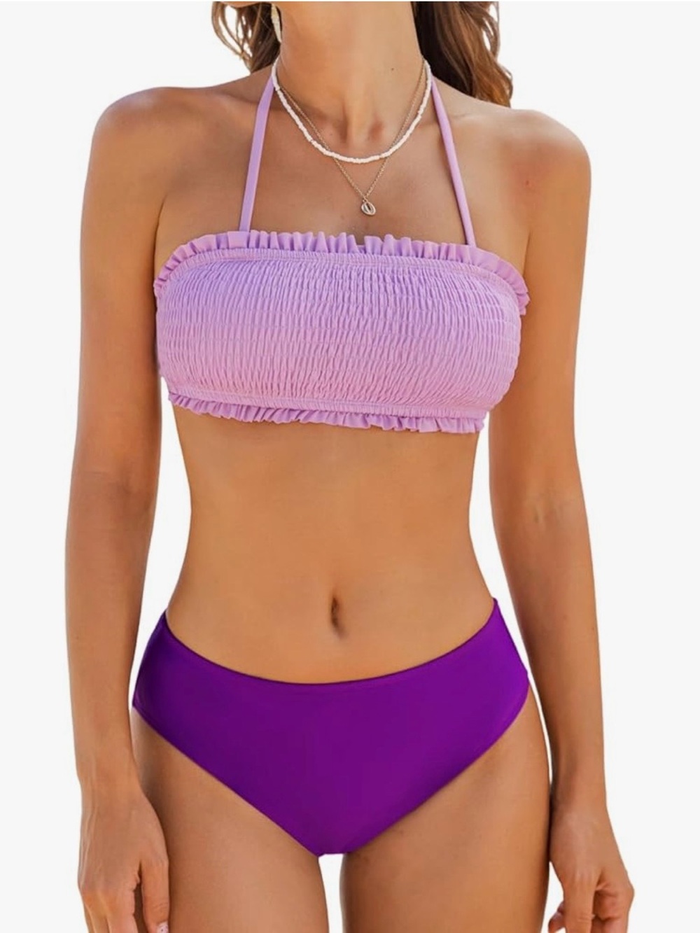 CUPSHE Women’s Smocked Bandeau Bikini Set - Lavender Top & Purple Bottom